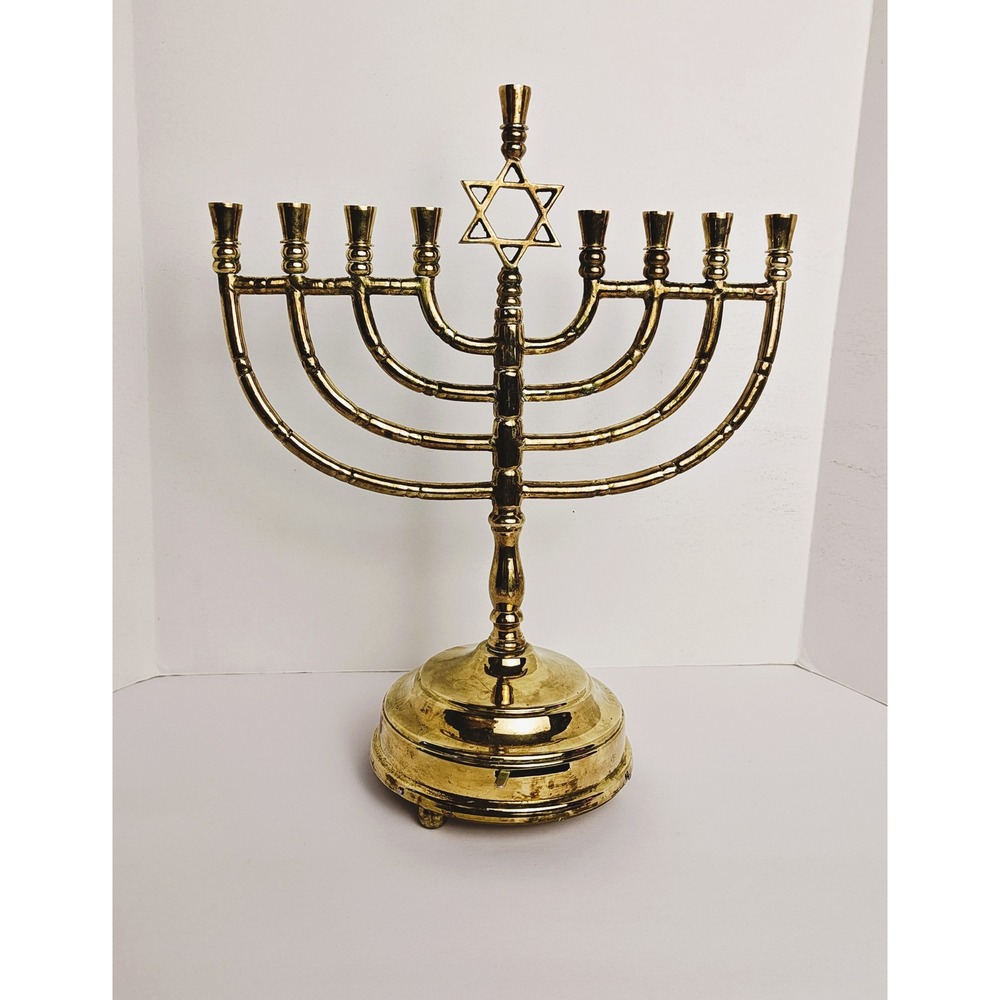 Vintage Brass Hanukkah Menorah Star of David w/ Music Box, 9 Branch Candelabra
